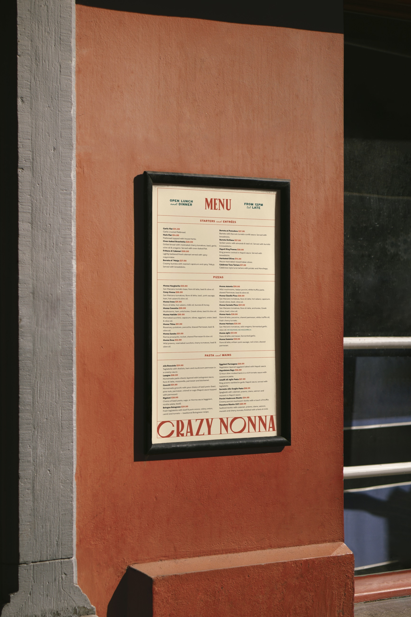 Crazy Nonna, menu